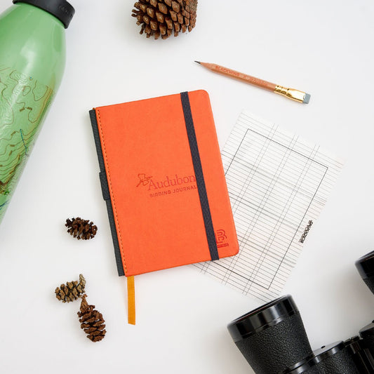 Orange Blackwing x Audubon Birding Journal with a pencil and transparent layout guide on a white surface surrounded by pinecones and outdoor gear.