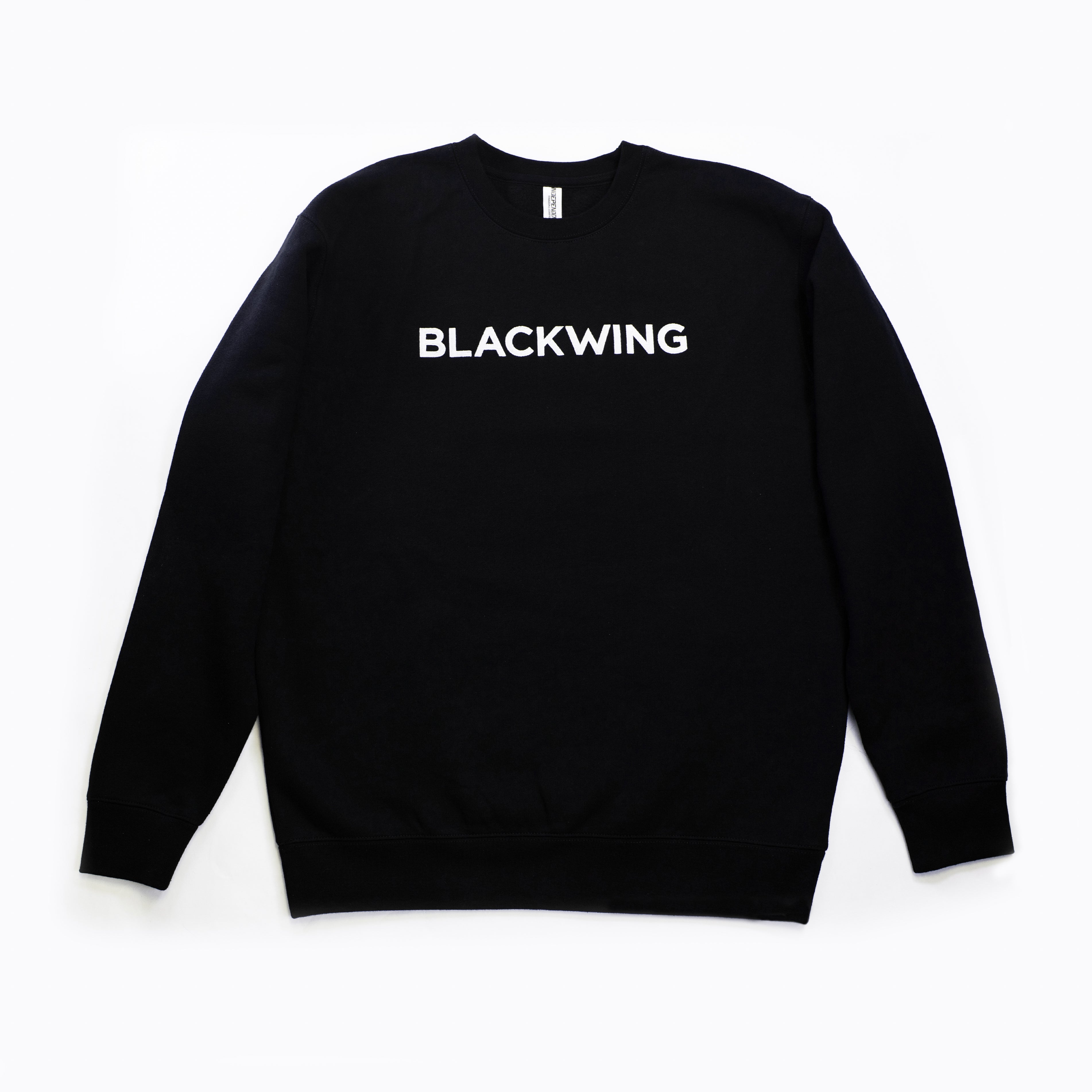 Black crewneck sweatshirt with 'BLACKWING' embroidered in white across the chest.