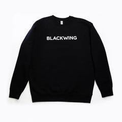 Black crewneck sweatshirt with 'BLACKWING' embroidered in white across the chest.