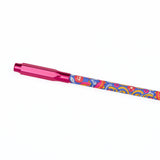 A metallic pink pencil point guard attached to the end of a colorful patterned pencil featuring blue, orange, and yellow swirls, shown diagonally on a plain white background.
