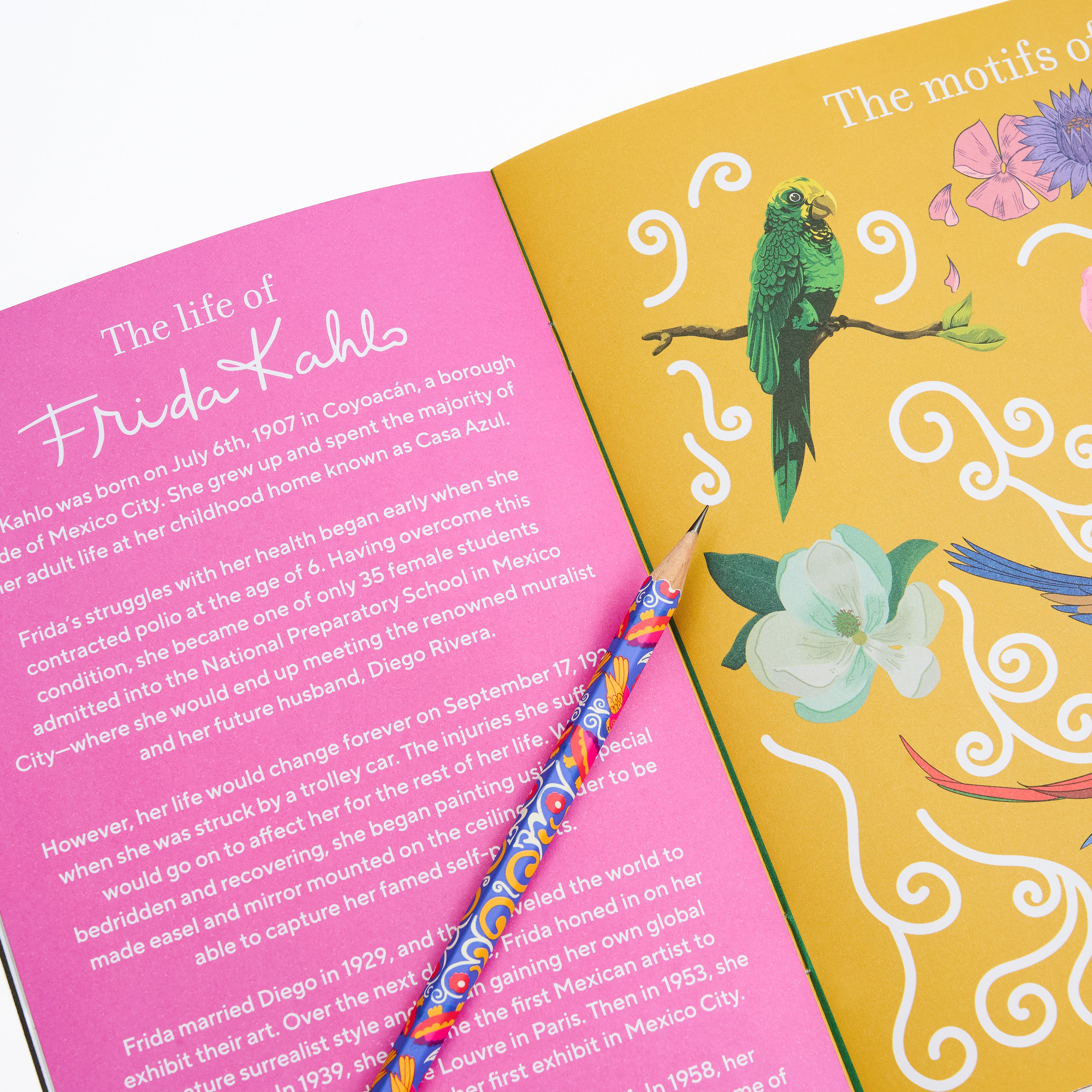 Pages inside the Blackwing Quarterly zine, Volume 143, Issue 003, August 2026, featuring text of 'the life of Frida Kahlo' and motifs, with a Volume 143, Frida Kahlo pencil on top.