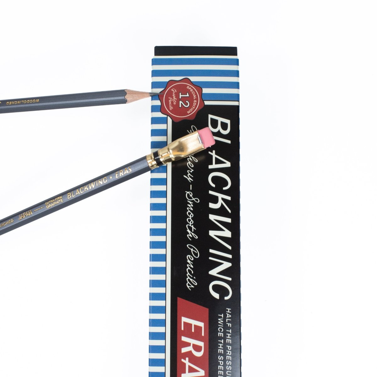Blackwing Eras retro-inspired pencils resting on top of the pencil packaging on a white background.