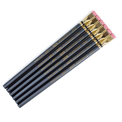 Six dark grey pencils with gold lettering and pink erasers, arranged diagonally on a plain white background.