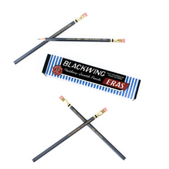 Twelve Blackwing drawing and sketching pencils with grey barrels, pink erasers, shown with their blue and white striped packaging box on a clean white background.