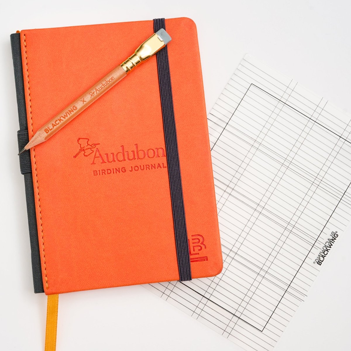 An orange Audubon birding journal with a black elastic closure and a wood Blackwing x Audubon pencil resting on top, shown next to a lined paper template on a white background.