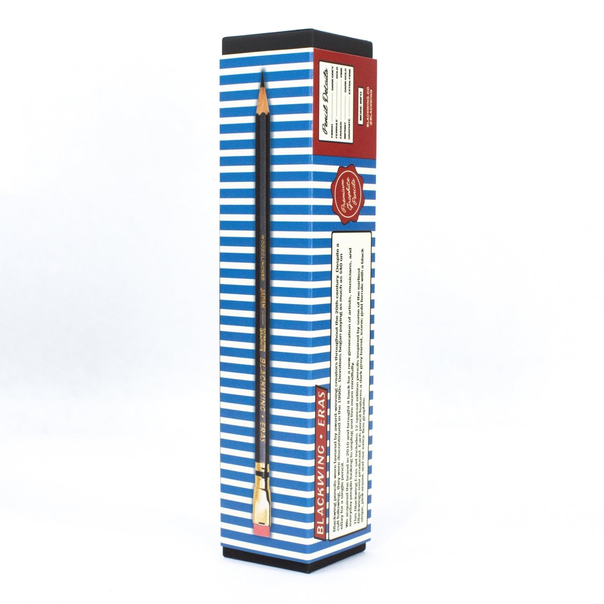 Blackwing Eras pencil packaging with blue and white horizontal stripes, showing a vertical pencil pencil on one side, and details on the other in cream and white.