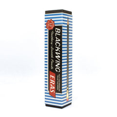 Blackwing Eras 2026 Packaging on a white background. Design has striped design with retro front. BLACKWING and HALF THE PRESSURE TWICE THE SPEED in white underneath Feathery-Smooth Pencils in cursive and ERAS in red.