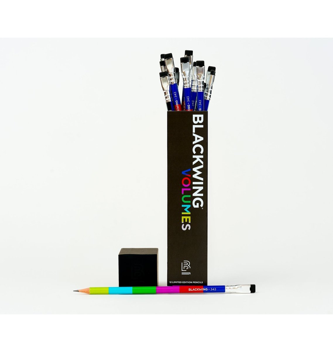 Blackwing Volume 343 pencils in a box with the lid off on a white background