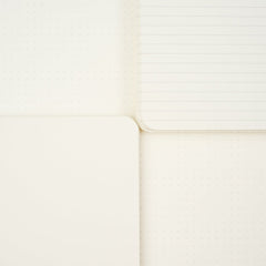 Close-up of a cream-colored notebook showing three page styles: a blank page, a lined page, and a dotted page.