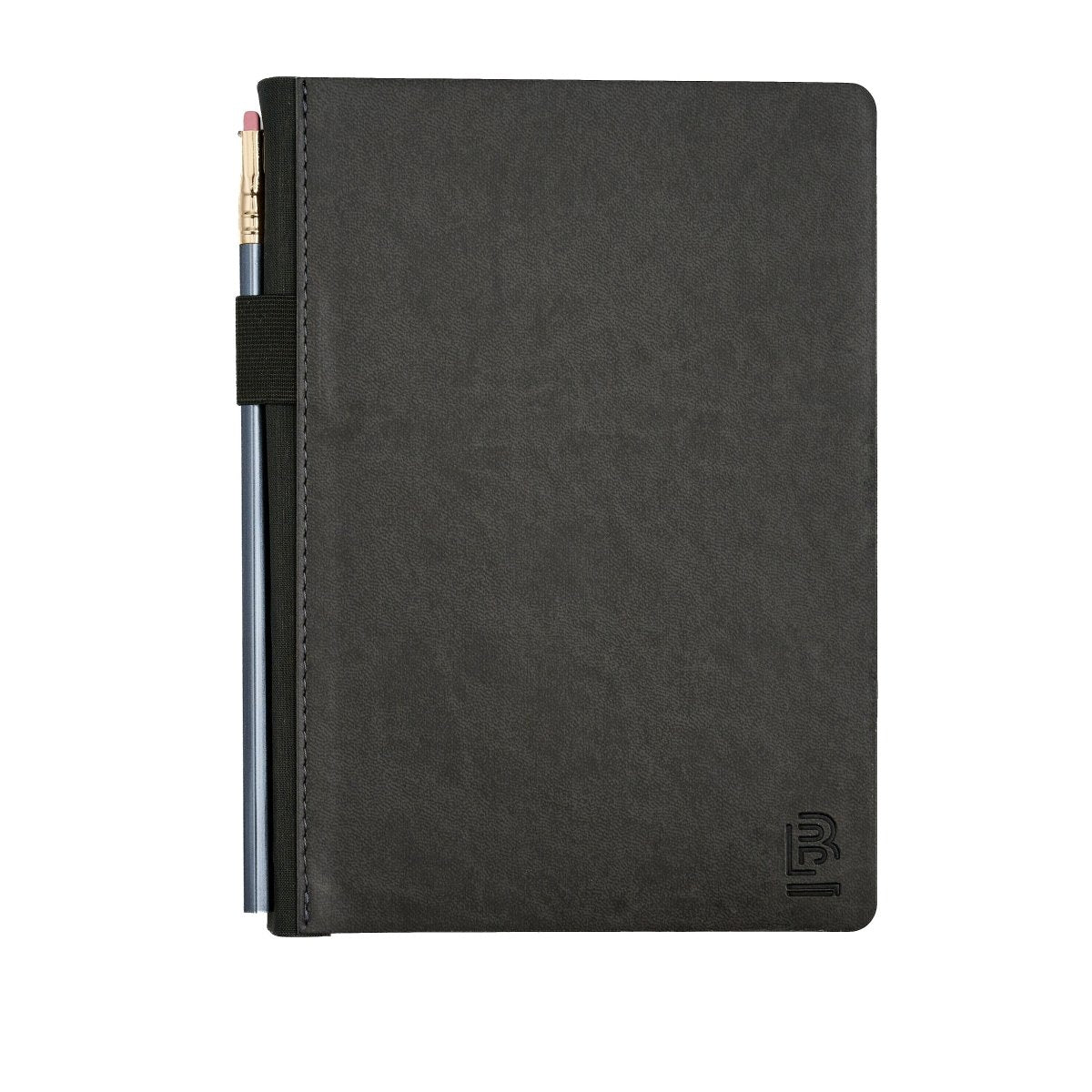 A dark gray textured Blackwing Planner with a black elastic band holding a Blackwing 602 pencil, shown on a plain white background.