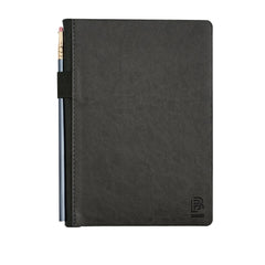 A dark gray textured Blackwing Planner with a black elastic band holding a Blackwing 602 pencil, shown on a plain white background.