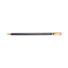 A dark gray wooden pencil with gold lettering and a pink eraser, shown horizontally on a plain white background. Imprint says "HALF THE PRESSURE, TWICE THE SPEED"