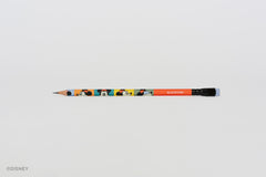 A Disney branded Blackwing pencil with colorful Minnie Mouse illustrations and a red-orange barrel, shown horizontally on a plain light gray background.