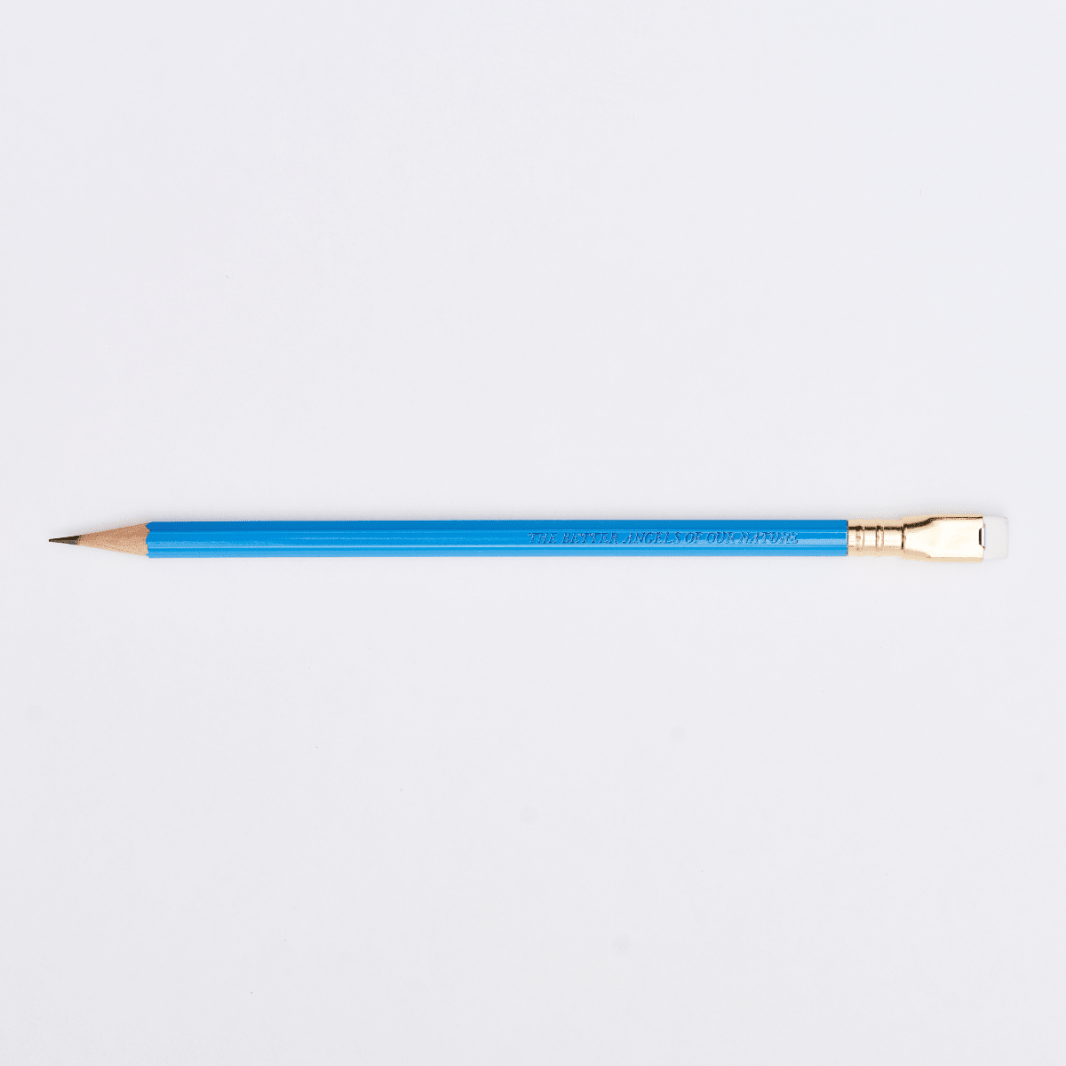 blue pencil with imprint 'THE BETTER ANGELS OF OUR NATURE' on a white background