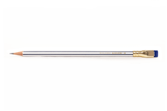 Blackwing Volume 56 Pencil, white with vertical royal blue stripes, gold imprint, gold ferrule, and royal blue eraser